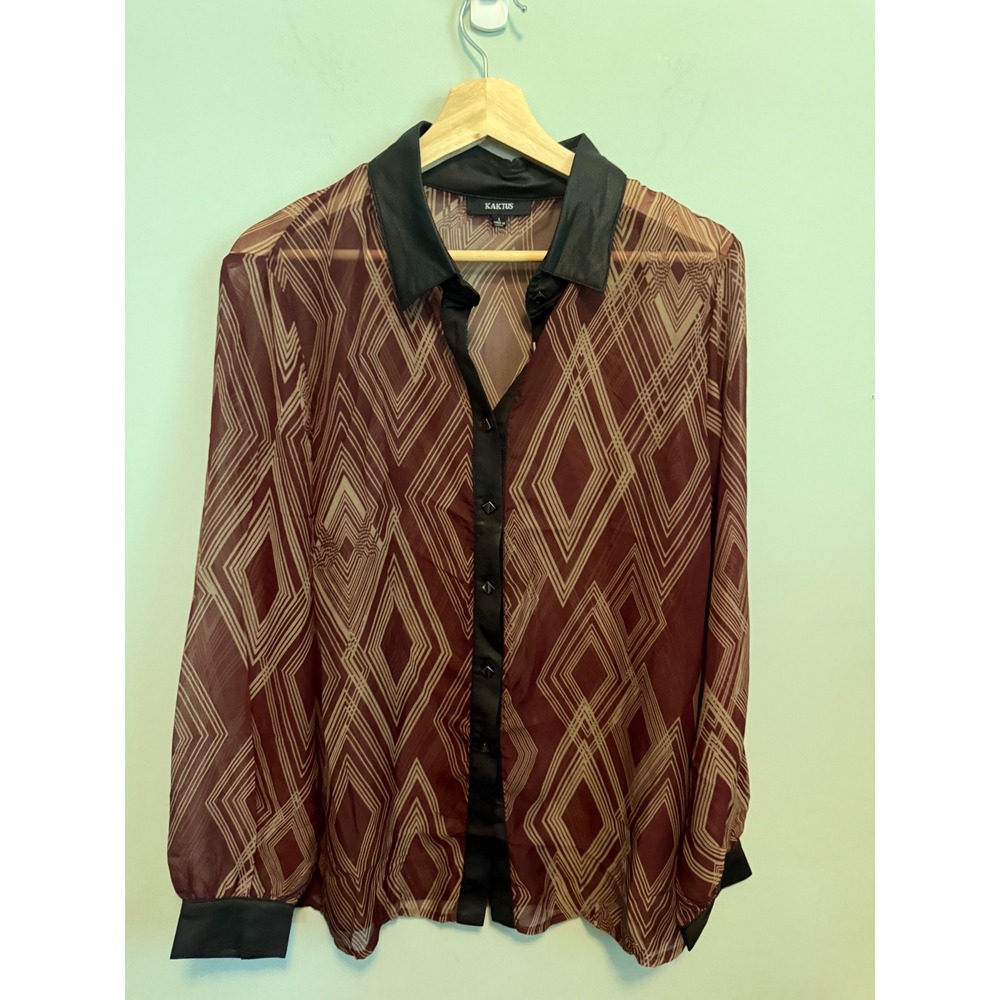 Kaktus Sheer Geometric Diamond Print Blouse Faux Leather Trim Burgundy Large